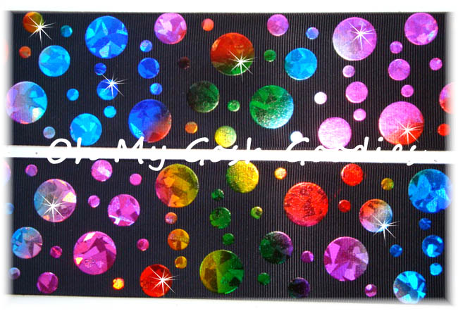 LAST 1 - 2 1/4 CRACKLE DOTS RAINBOW HOLOGRAM BLACK - 4 YARDS