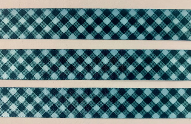 LAST 1 - 38 YARD ROLL SALE - 5/8 SOFT BLUE / BLACK GINGHAM SATIN - VENUS RIBBON CO